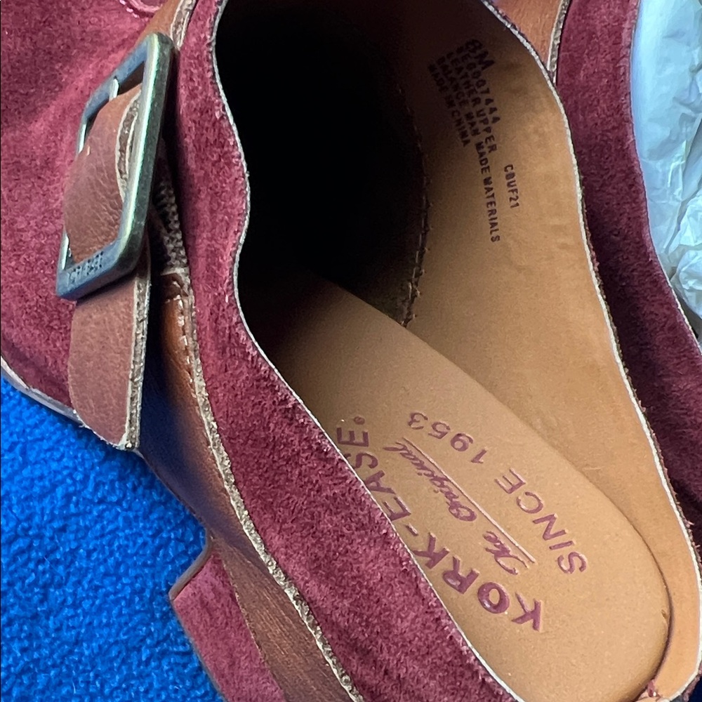 Korks Burgundy and Tan Suede Mules with Buckle - Picture 3 of 5